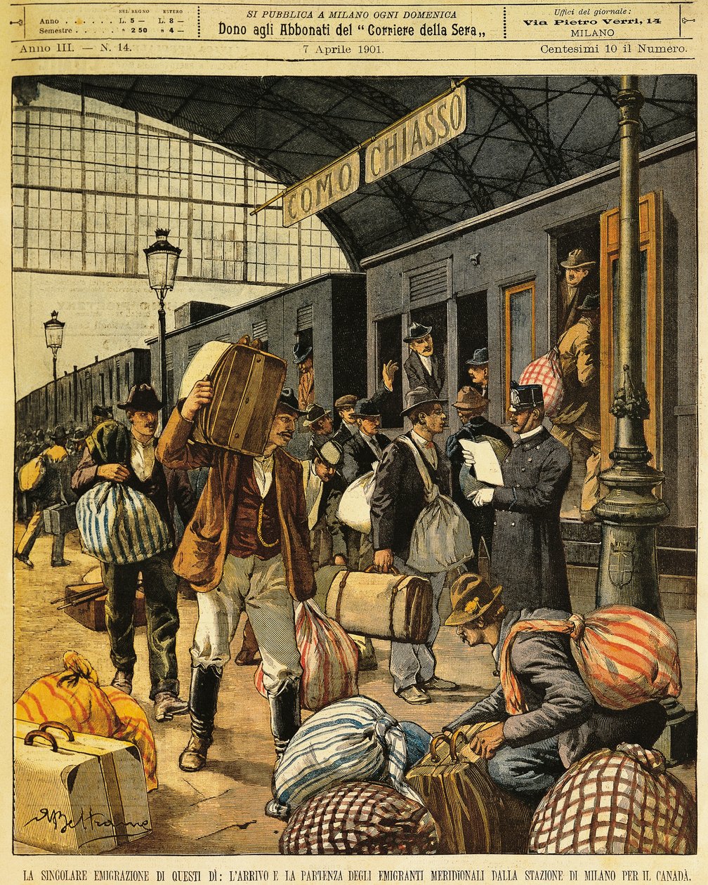 Wielka emigracja: przyjazdy i wyjazdy emigrantów z południowych Włoch do Kanady, Achille Beltrame (1871-1945), z La Domenica del Corriere, 7 kwietnia 1901 autorstwa Achille Beltrame
