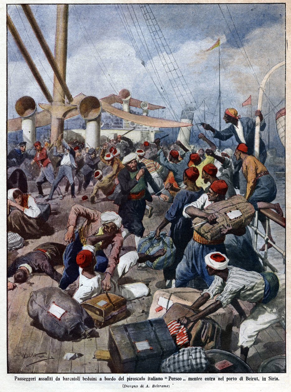 Włoski liniowiec „Perseo” w momencie wejścia do portu w Bejrucie w Syrii zostaje zaatakowany przez bandytów morskich - w „La Domenica del Corriere” 07/1913. Ilustracja Beltrame. autorstwa Achille Beltrame