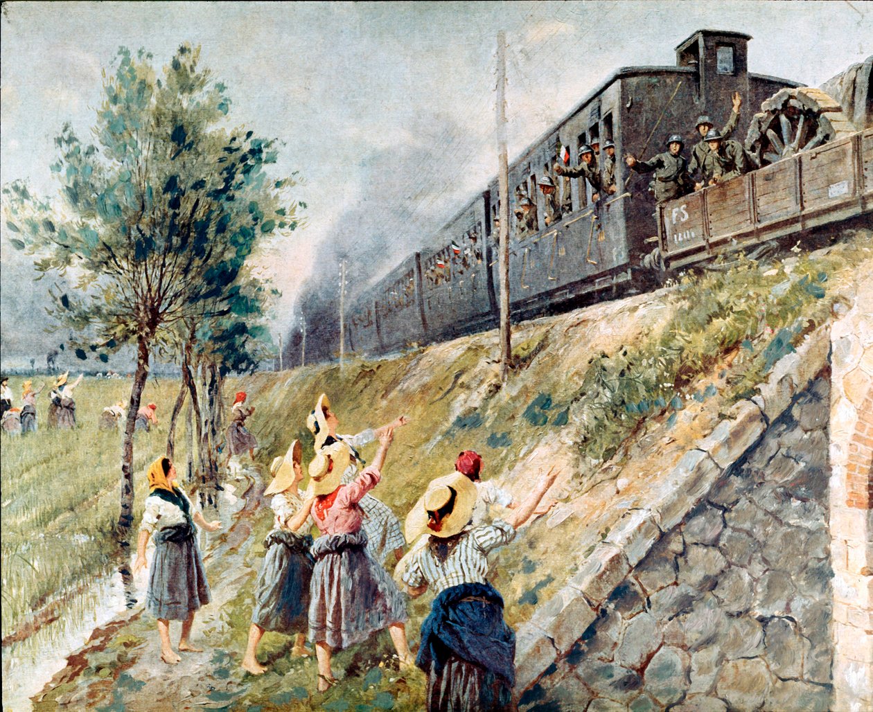 Pasaż włoskiego pociągu wojskowego Obraz Achille Beltrame (1871-1945) Mediolan, Muzeum Historii Współczesnej autorstwa Achille Beltrame