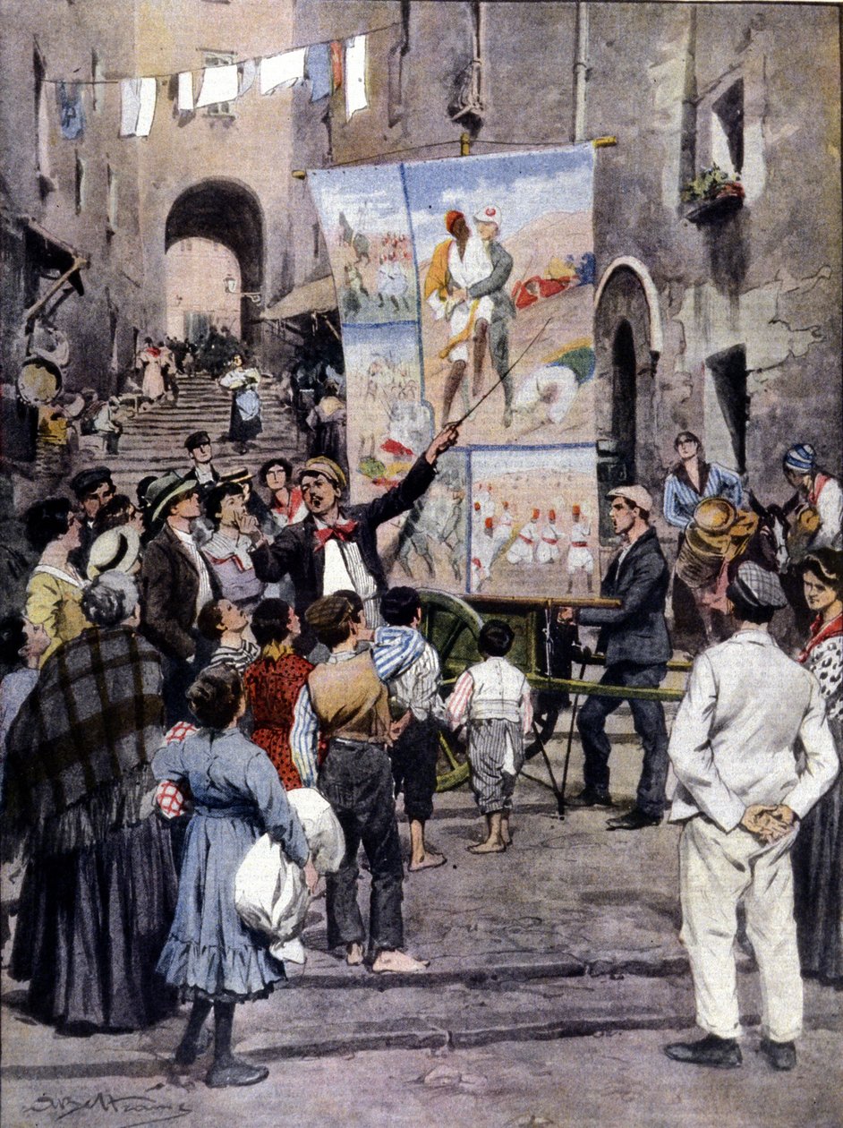 The Poesy of War: Najnowsze popularne piosenki inspirowane wojną libijską są śpiewane na ulicach Neapolu przez ulicznych artystów. Ill. de Beltrame. Domenica del Corriere. 1912 autorstwa Achille Beltrame