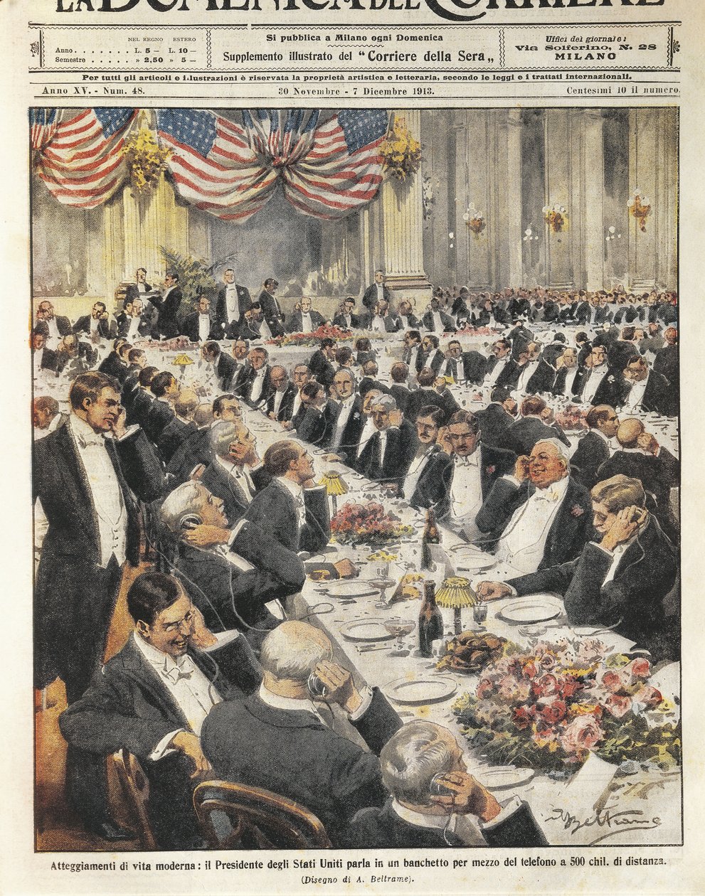 Prezydent Stanów Zjednoczonych rozmawia przez telefon w odległości 500 kilometrów. Ilustracja Achille Beltrame we włoskiej gazecie „La Domenica del Corriere”, 20 listopada autorstwa Achille Beltrame