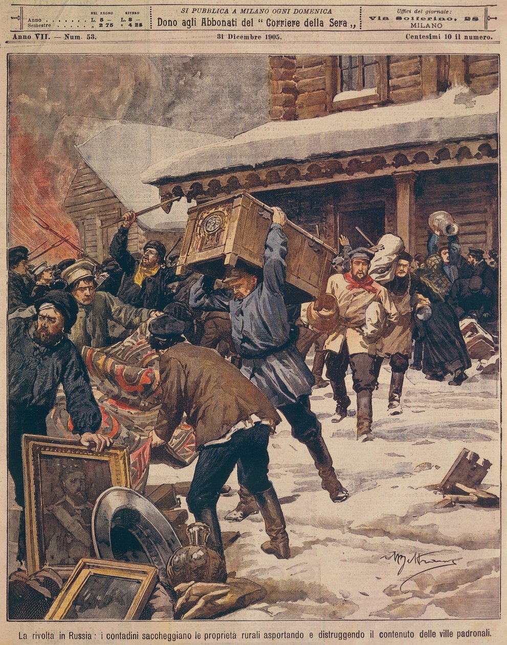 Rewolucja rosyjska: Chłopi plądrują posiadłości bogatych wiejskich bogatych, autor Achille Beltrame (1871-1945), z La Domenica del Corriere, grudzień 1905 autorstwa Achille Beltrame