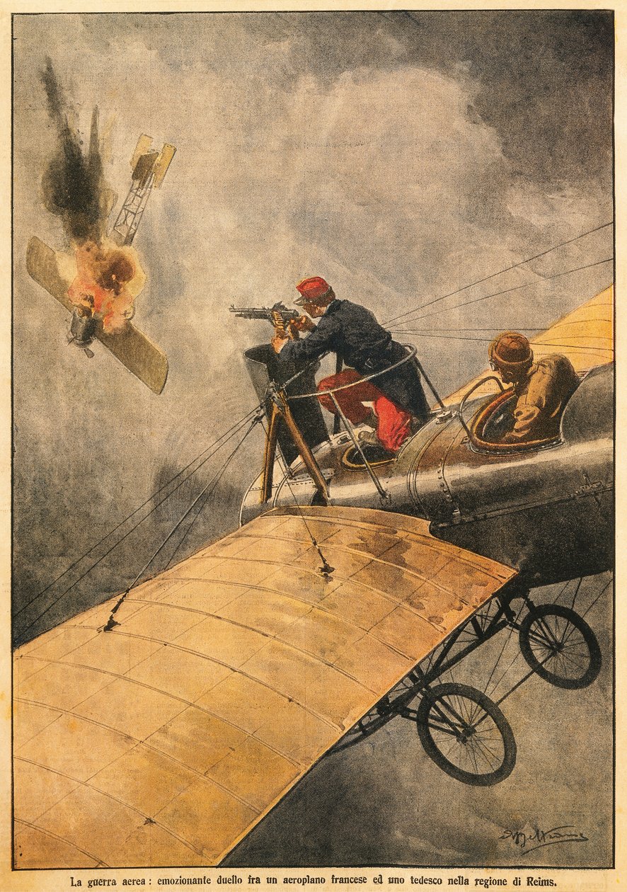 Wojna w powietrzu: pojedynek między samolotem francuskim a niemieckim na niebie nad Reims, autorstwa Achille Beltrame (1871-1945), z La Domenica del Corriere, 25 października 1914 autorstwa Achille Beltrame