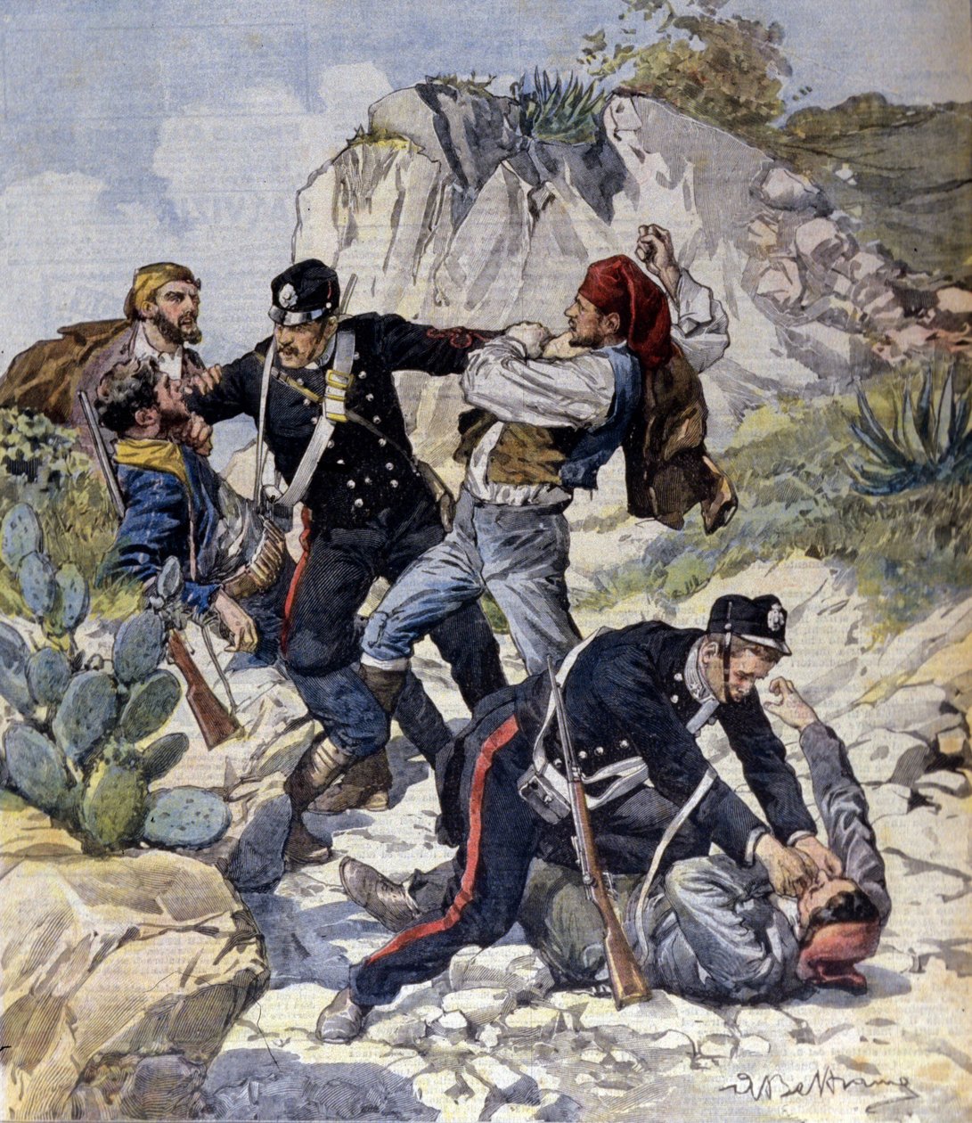 Aresztowanie trzech niebezpiecznych rabusiów w pobliżu Trapani na Sycylii. Ilustracja autorstwa Beltrame. Domenica del Corriere. 23.02.1902. autorstwa Achille Beltrame