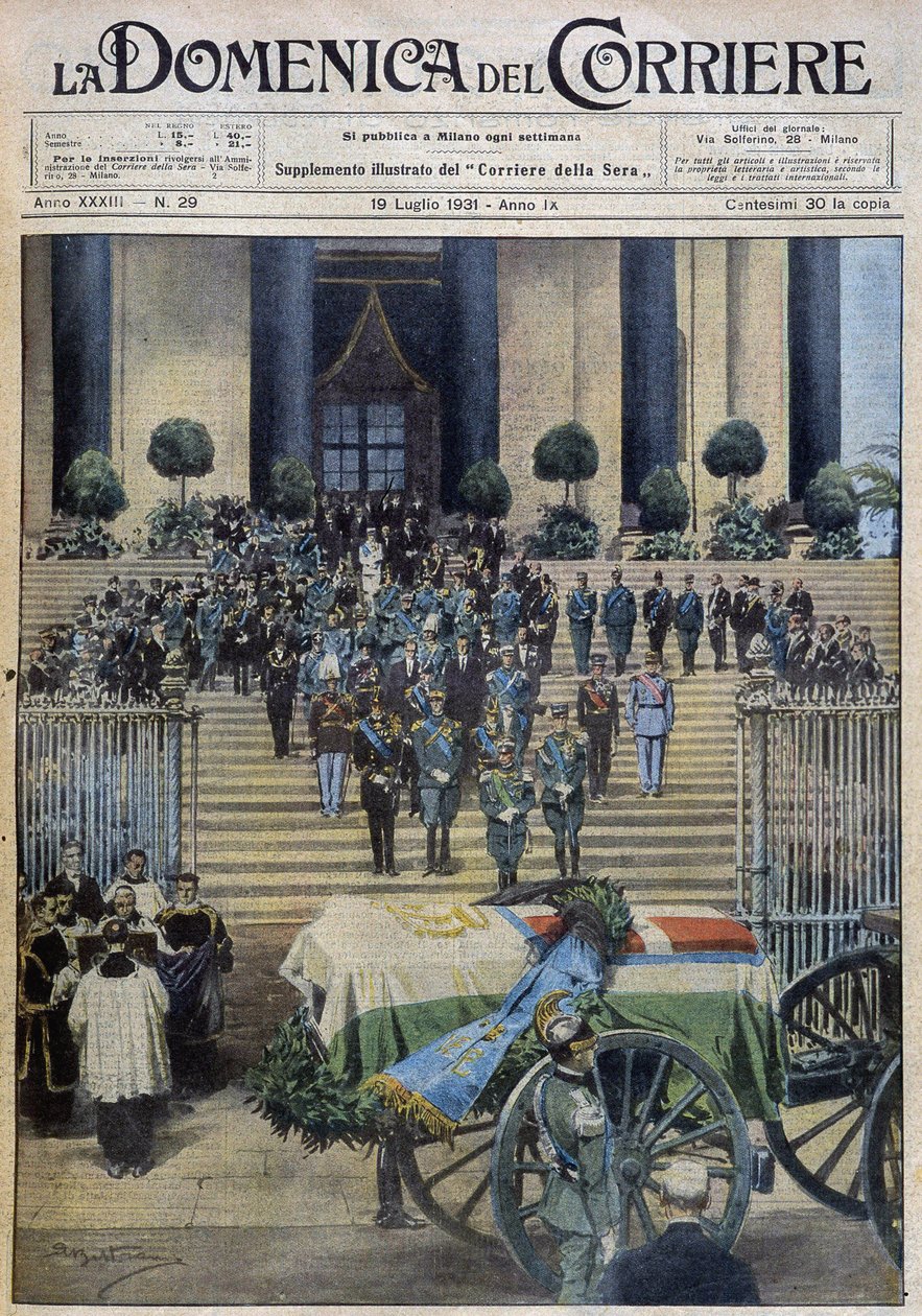 Poświęcenie doczesnych szczątków księcia Aosty w Turynie, po tym jak procesja pogrzebowa przeszła przez całe miasto - dess. de A. Beltrame w „” la Domenica del Corriere”” z dnia 19.07.1931 r. autorstwa Achille Beltrame