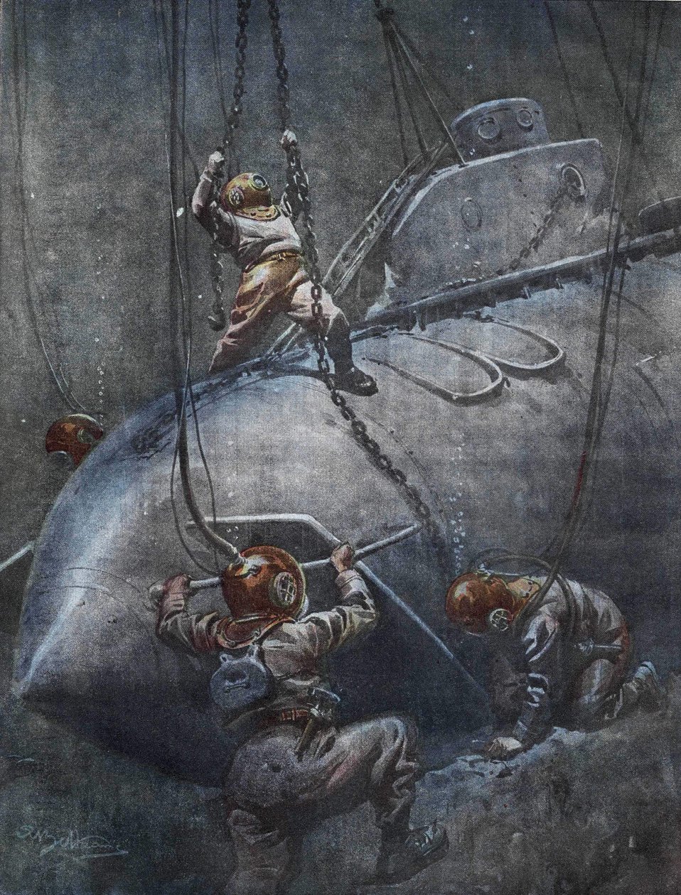Katastrofa francuskiej łodzi podwodnej „Pluviose” w 1910 r. Łowcy próbują naprawić łańcuchy, aby ją podciągnąć. Ilustracja autorstwa Achille Beltrame. autorstwa Achille Beltrame