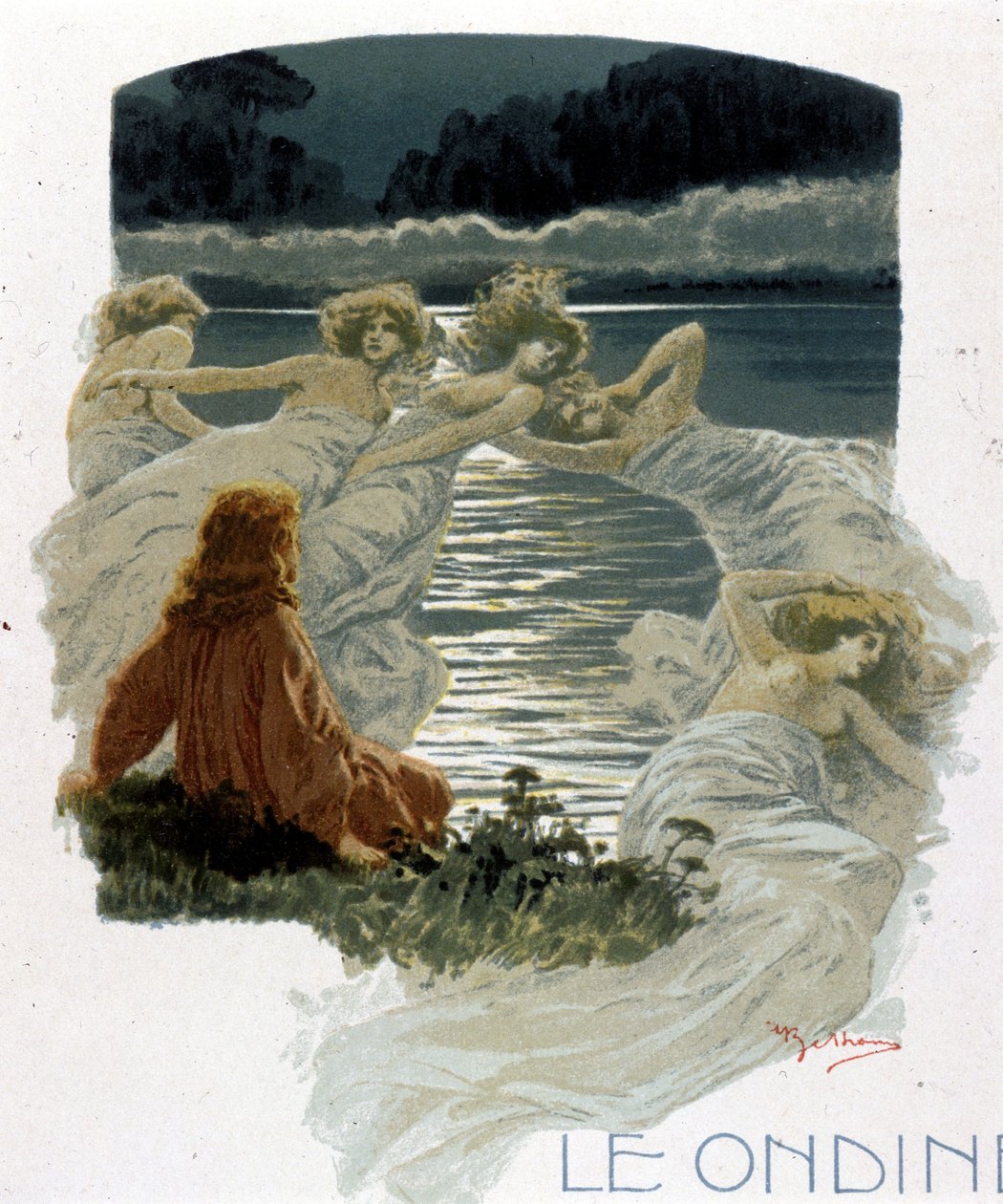 Postacie ondyn, młode nimfy wód mitologii germańskiej. Ilustracja A. Beltrame. autorstwa Achille Beltrame