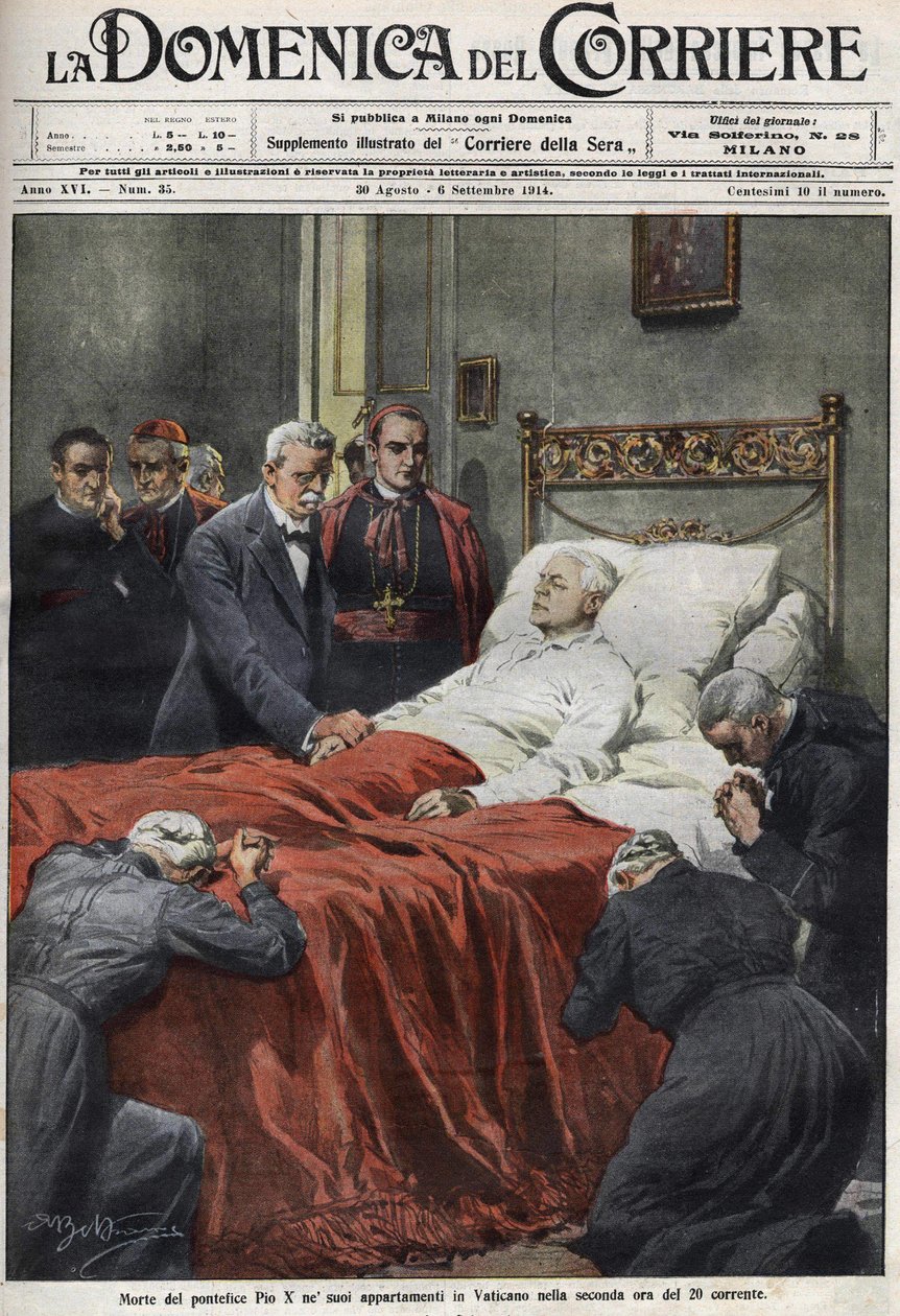Śmierć papieża Piusa X w 1914 r. Okładka domenica del Corriere z 30 sierpnia autorstwa Achille Beltrame