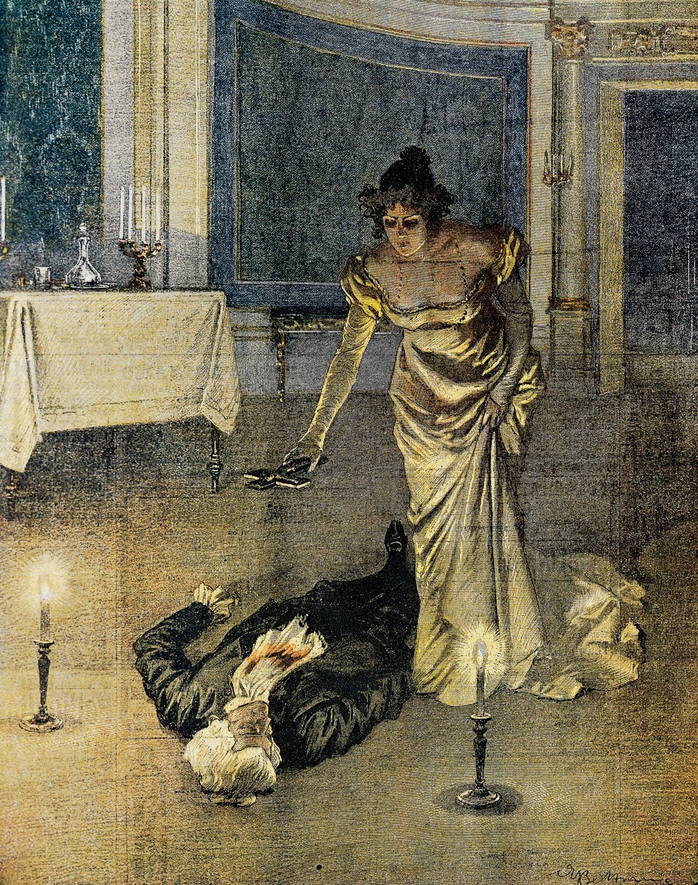 Śmierć Scarpii pod koniec II aktu Toski przez Giacomo Pucciniego, płyta Achille Beltrame (1871-1945), La Domenica del Corriere, 4 lutego autorstwa Achille Beltrame