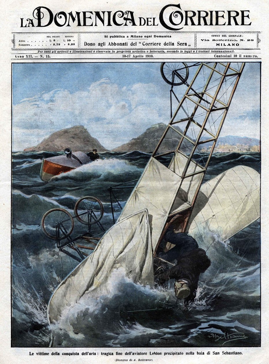 Dramat powietrza: tragiczny koniec lotnika Leblona wpadł do zatoki San Sebastian. Ilustracja Beltrame. Domenica del Corriere. 10-17.04.1910. autorstwa Achille Beltrame
