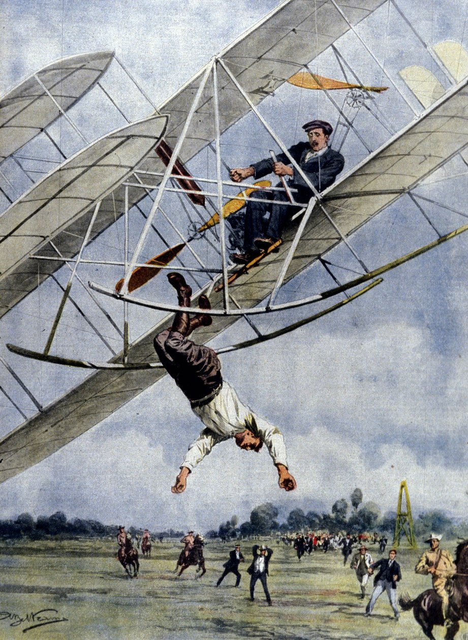 Dramaty w powietrzu: Orville Wright i amerykański porucznik Selfridge lecą swoim samolotem z wysokości trzydziestu metrów. Ilustracja autorstwa Beltrame. Domenica del Corriere. 1908. autorstwa Achille Beltrame
