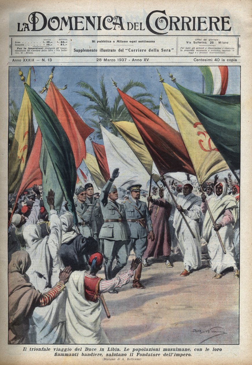 Duce Benito Mussolini podczas podróży do Libii zostaje witany przez tłum. Ilustracja Achille Beltrame w „La domenica del Corriere” z 28.03.1937. autorstwa Achille Beltrame