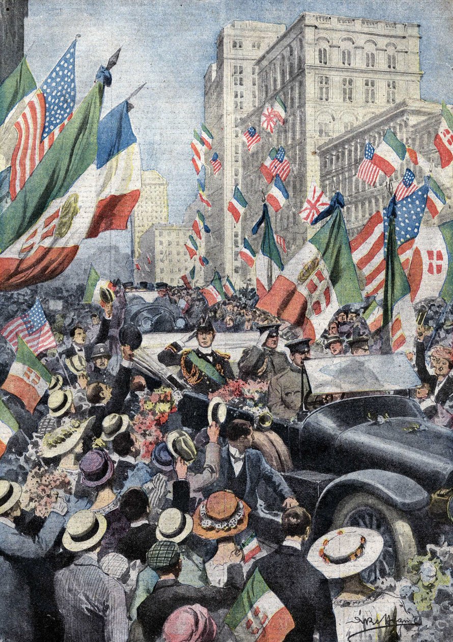 Entuzjastyczne powitanie przez Amerykanów Ferdynanda de Savoya, księcia Genui i księcia Udine (1884 - 1963), kiedy przybył do Bostonu. Ill. de Beltrame. Domenica del Corriere. 06/1917. autorstwa Achille Beltrame