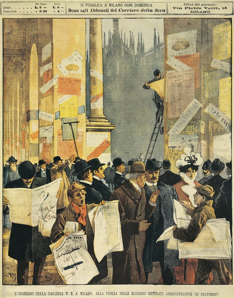 Wejście do Galerii Vittorio Emanuele w Mediolanie w przeddzień wyborów administracyjnych, Achille Beltrame (1871-1945), z La Domenica del Corriere autorstwa Achille Beltrame
