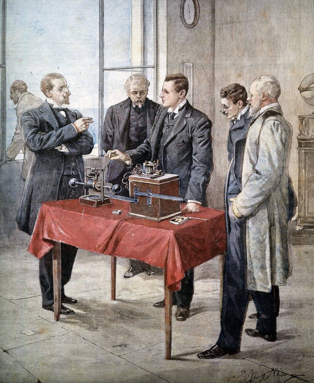 Doświadczenia Guglielmo Marconiego (1874 - 1937) w 1899: Telegrafia bezprzewodowa przez kanał. Ilustracja Achille Beltrame w "Domenica del Corriere". autorstwa Achille Beltrame