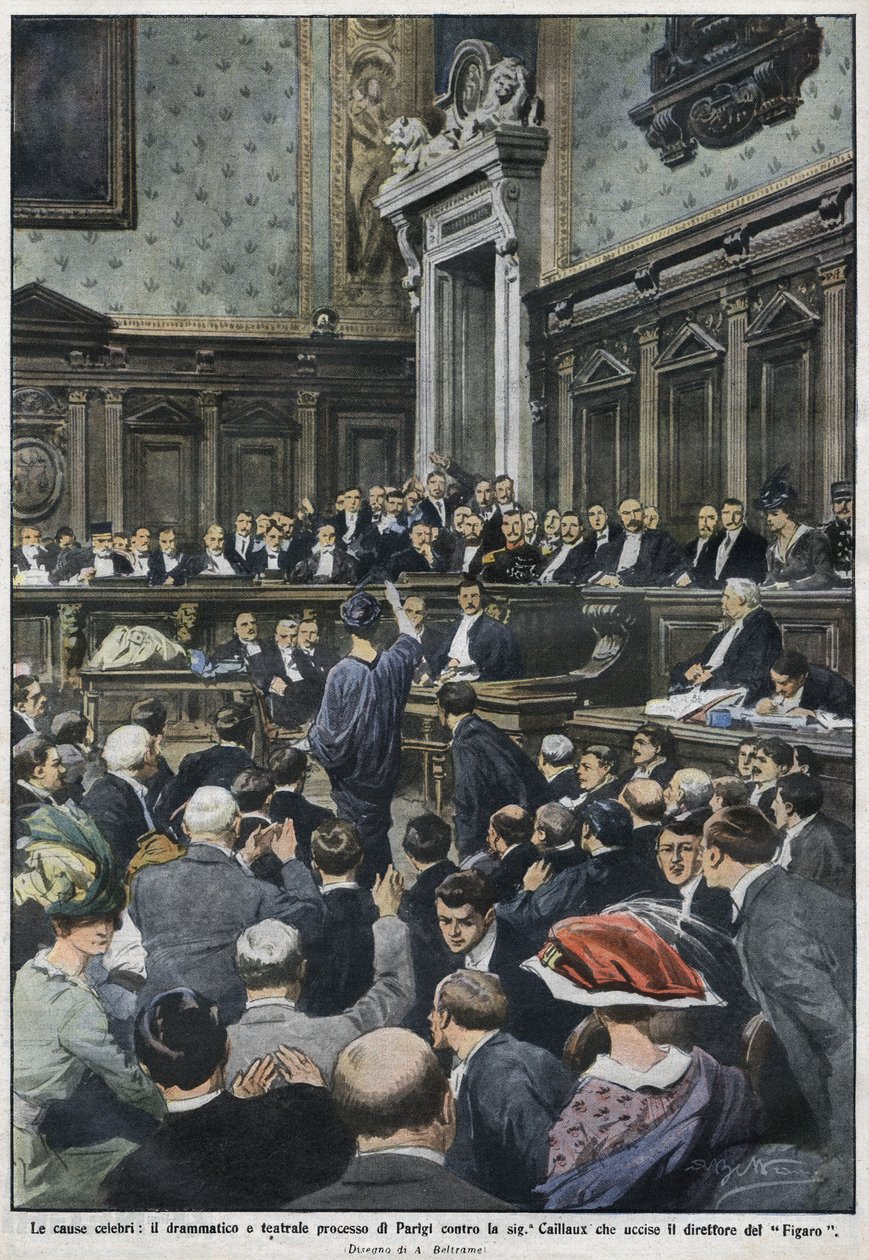 Wielkie procés: wielkie procés w Paryżu Madame Caillaux, która zamordowała dyrektora Figaro. „La Domenica del Corriere”, od 22 do 29 listopada 1914 r. autorstwa Achille Beltrame