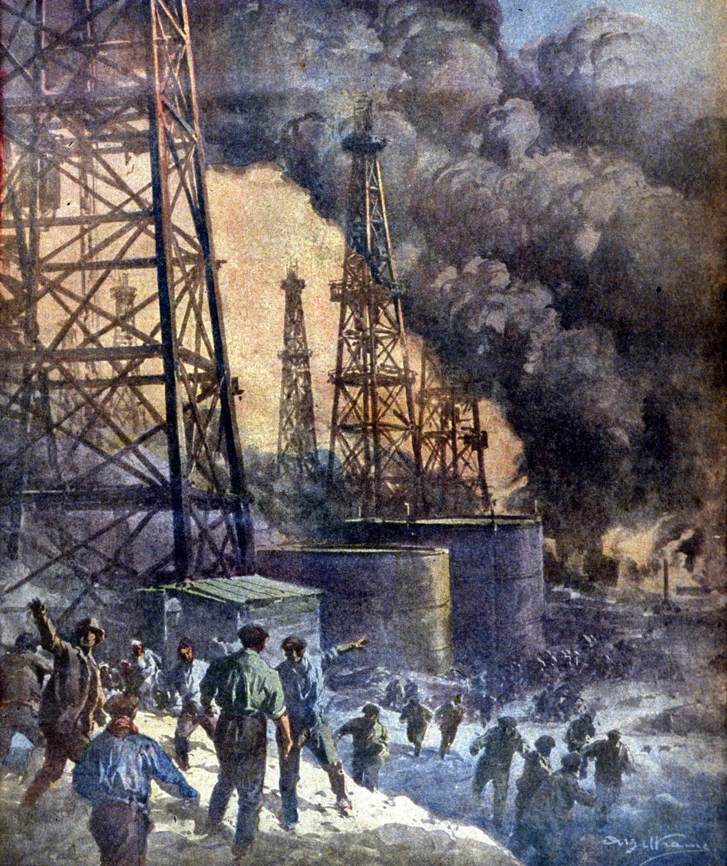 Piekło ognia i płomieni. Pożar szybu naftowego Signal Hill w Kalifornii. Zd. W. Beltrame. "La Domenica del corriere", 28.12.1924. autorstwa Achille Beltrame