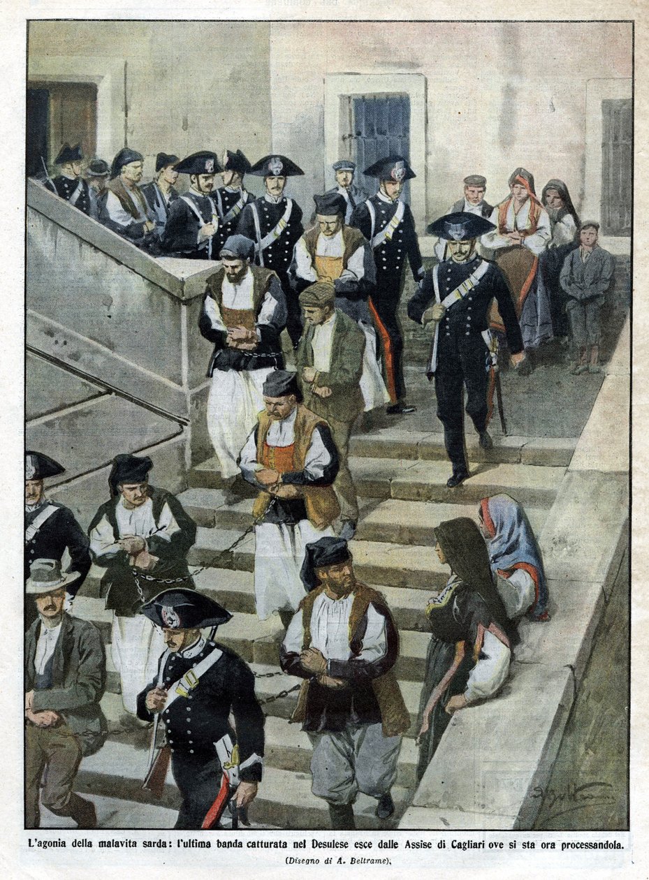 Ostatni gang sardyńskich malfratów, którzy opuszczają sąd przysięgłych w Cagliari, gdzie odbywa się proces. Ilustracja Beltrame. Domenica del Corriere. 07/1913. autorstwa Achille Beltrame