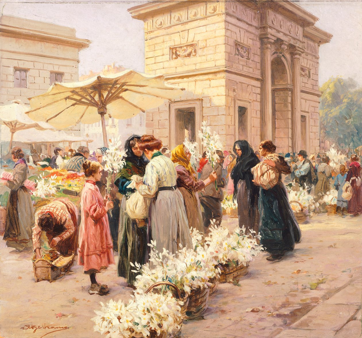 Targ liliowy w Porta Garibaldi w Mediolanie, Achille Beltrame (1871-1945), z La Domenica del Corriere, Włochy XX wiek autorstwa Achille Beltrame