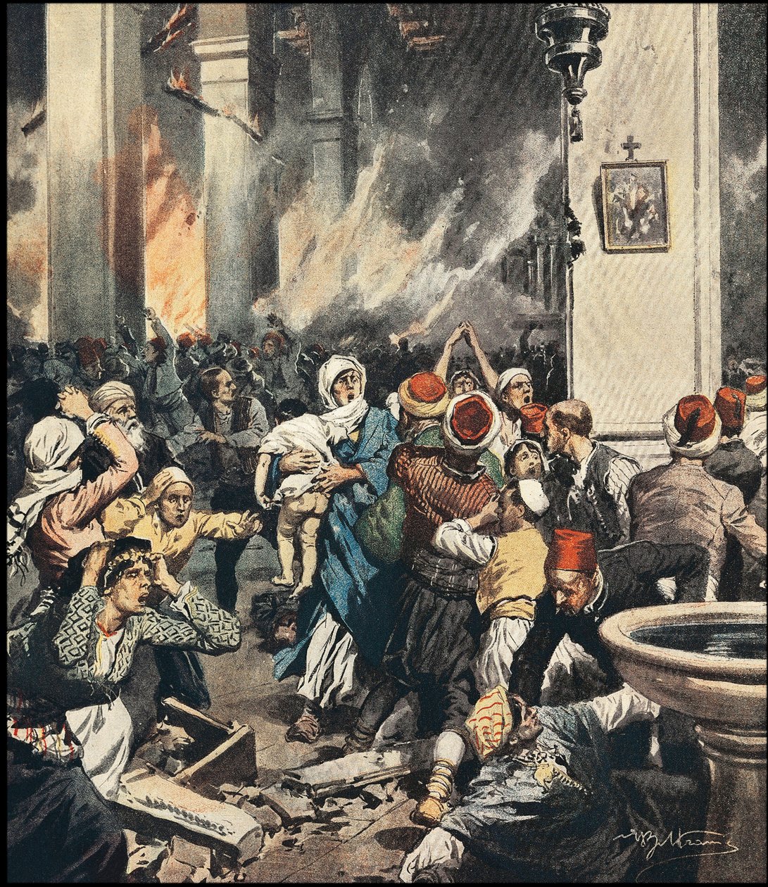 Masakry Ormian w Turcji w 1909 r. w Adanie, ilustracja Achillesa Beltrame (1871-1945) w „La Domenica del Corriere” z maja 1909 r. autorstwa Achille Beltrame