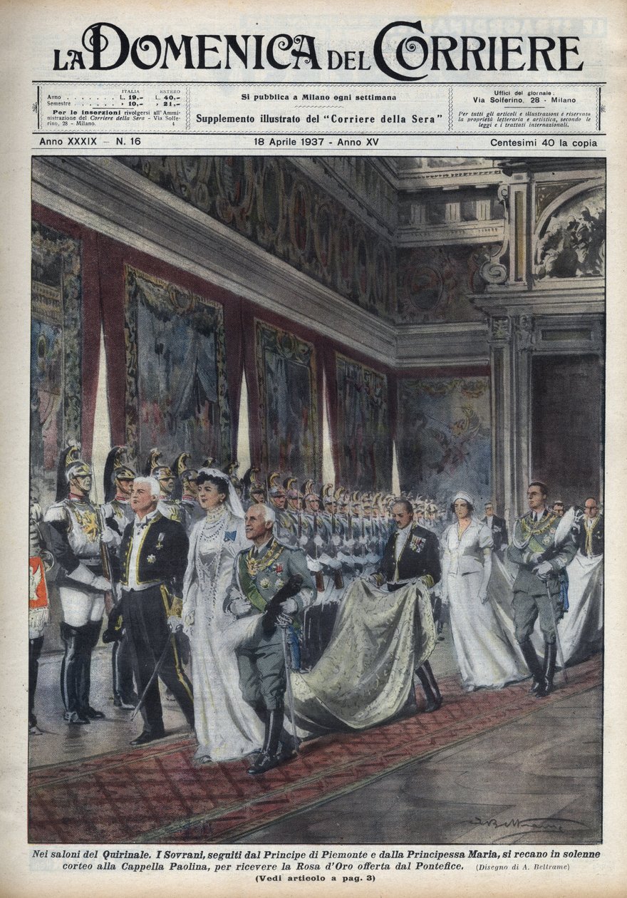 Para królewska, Wiktor Emanuel III (Victor-Emmanuel) (Vittorio Emanuele III) (1869-1947) i jego żona Helene z Czarnogóry, a następnie książę Humbert (Umberto) II i Mary Jose (Marie-Jose z Belgii, Maria Jose z Sabaudii) ) udaj się do kaplicy Paolina (Paol autorstwa Achille Beltrame