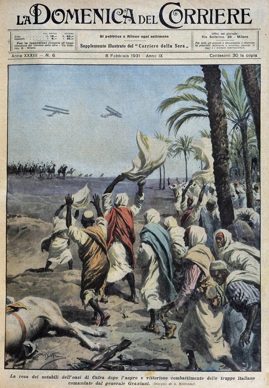 Kapitulacja notabli z oazy Koufra (Qufra lub Cufra, Sahara Libijska) po trudnej i zwycięskiej bitwie wojsk włoskich dowodzonych przez generała Grazianiego - dess. de A. Beltrame w „” la Domenica del Corriere”” z dnia 08.02.1931 r. autorstwa Achille Beltrame