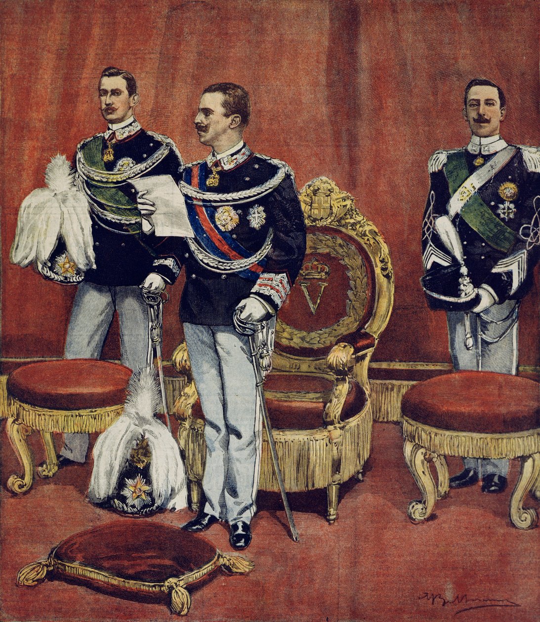 Zaprzysiężenie króla Vittorio Emanuele III w Izbie Senatu w Rzymie złożone przez Achille Beltrame (1871-1945), z La Domenica del Corriere autorstwa Achille Beltrame