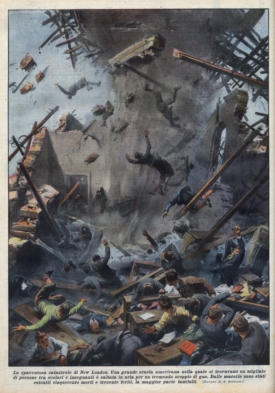 Tragedia wybuchu szkolnego w New London w Teksasie, spowodowana wyciekiem gazu 18 marca. Ilustracja Achille Beltrame w „La domenica del Corriere” z 04.04.1937. autorstwa Achille Beltrame