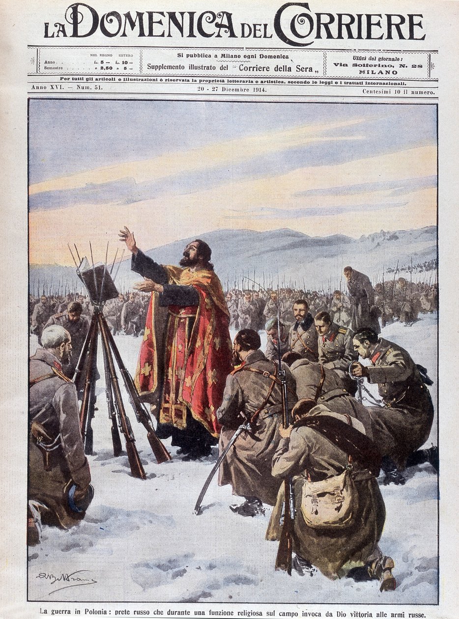 Wojna w Polsce, rosyjski ksiądz błagający Boga o pomoc dla armii rosyjskiej, na mszy na polu bitwy. Pierwsza strona „La Domenica del Corriere” od 20 do 27 grudnia 1914 r. autorstwa Achille Beltrame