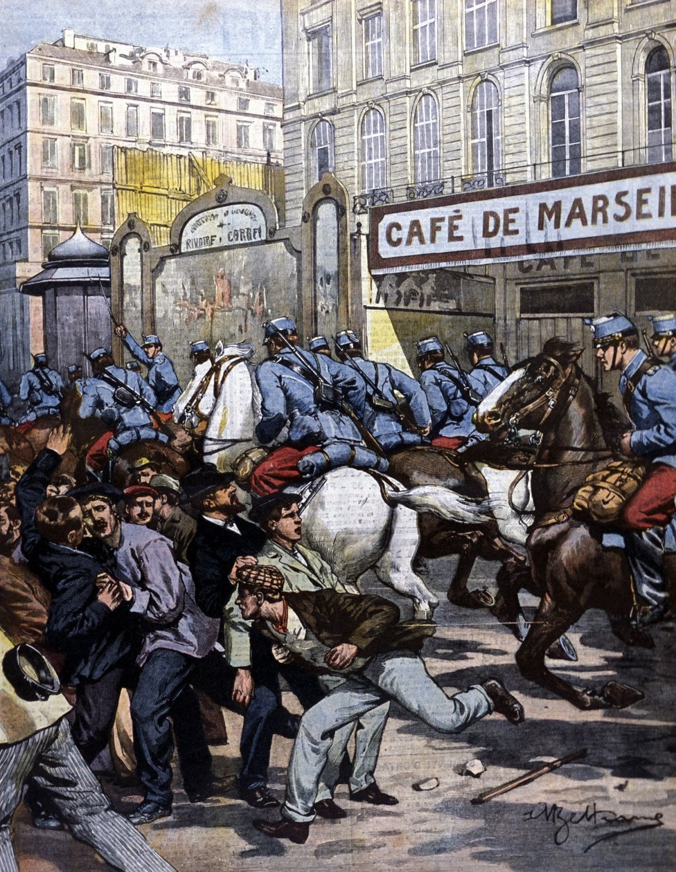 Strajki robotnicze w Marsylii: husaria na Canebière. Ilustracja autorstwa Beltrame. La Domenica del Corriere. 1901. autorstwa Achille Beltrame