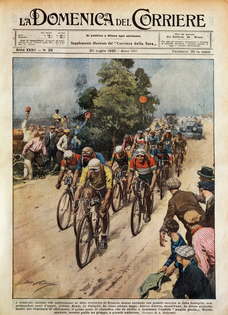 Tour de France, lider Learco Guerra (1902-1963), ilustracja Achille Beltrame (1871-9145) z La Domenica del Corriere, 20 lipca autorstwa Achille Beltrame
