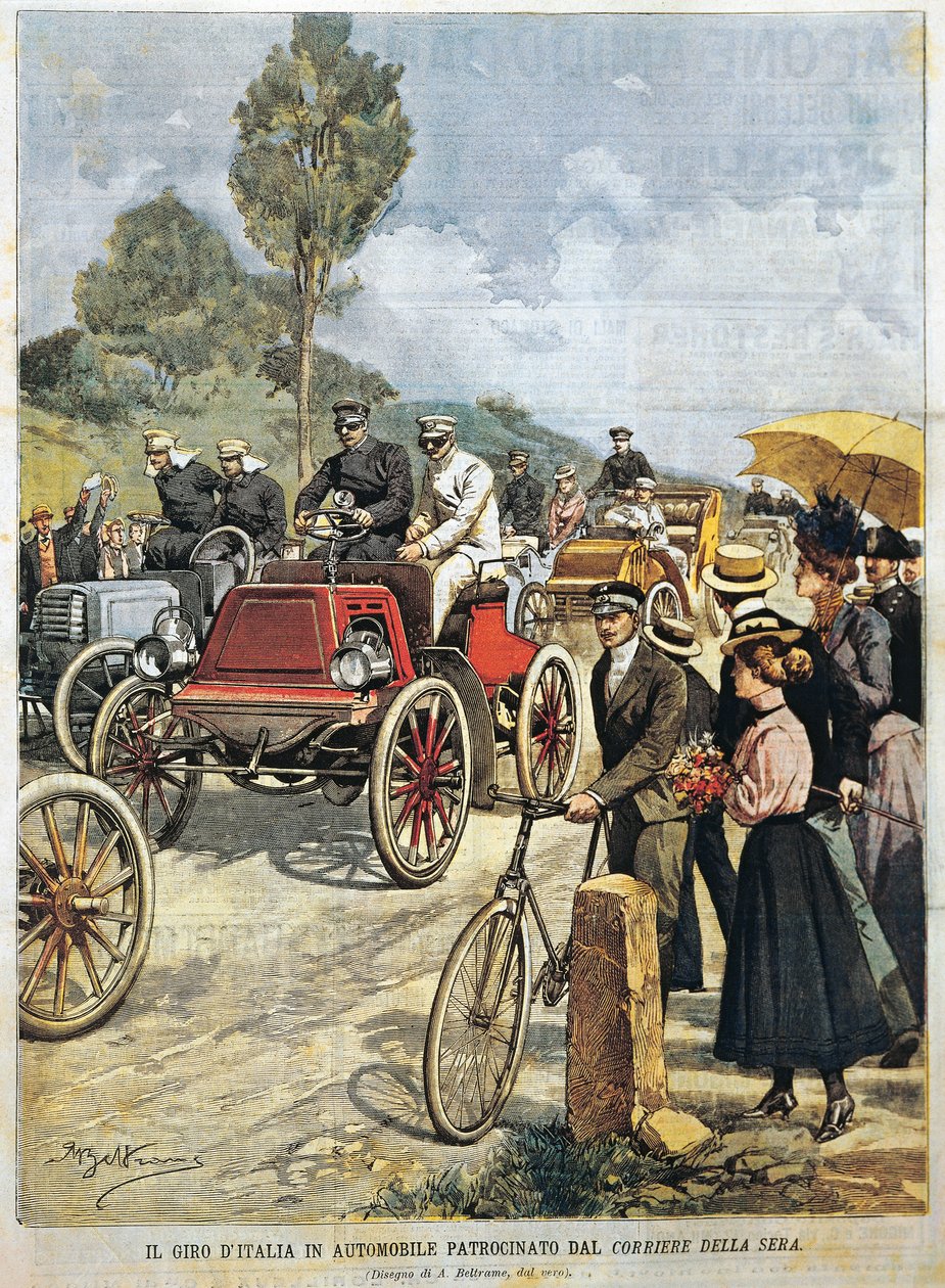 Samochodowa wycieczka po Włoszech, sponsorowana przez Corriere della Sera, ilustracja Achille Beltrame z La Domenica del Corriere, 19 maja autorstwa Achille Beltrame