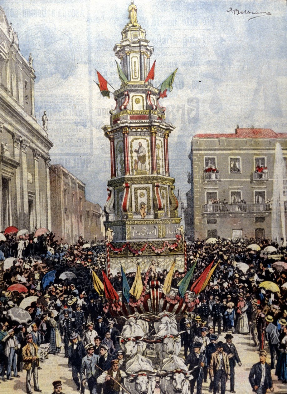 Tradycyjne sycylijskie święto: czołg prowadzony w procesji do Casteltermini (Girgenti). Ill. de Beltrame. La Domenica del Corriere. 1904. autorstwa Achille Beltrame