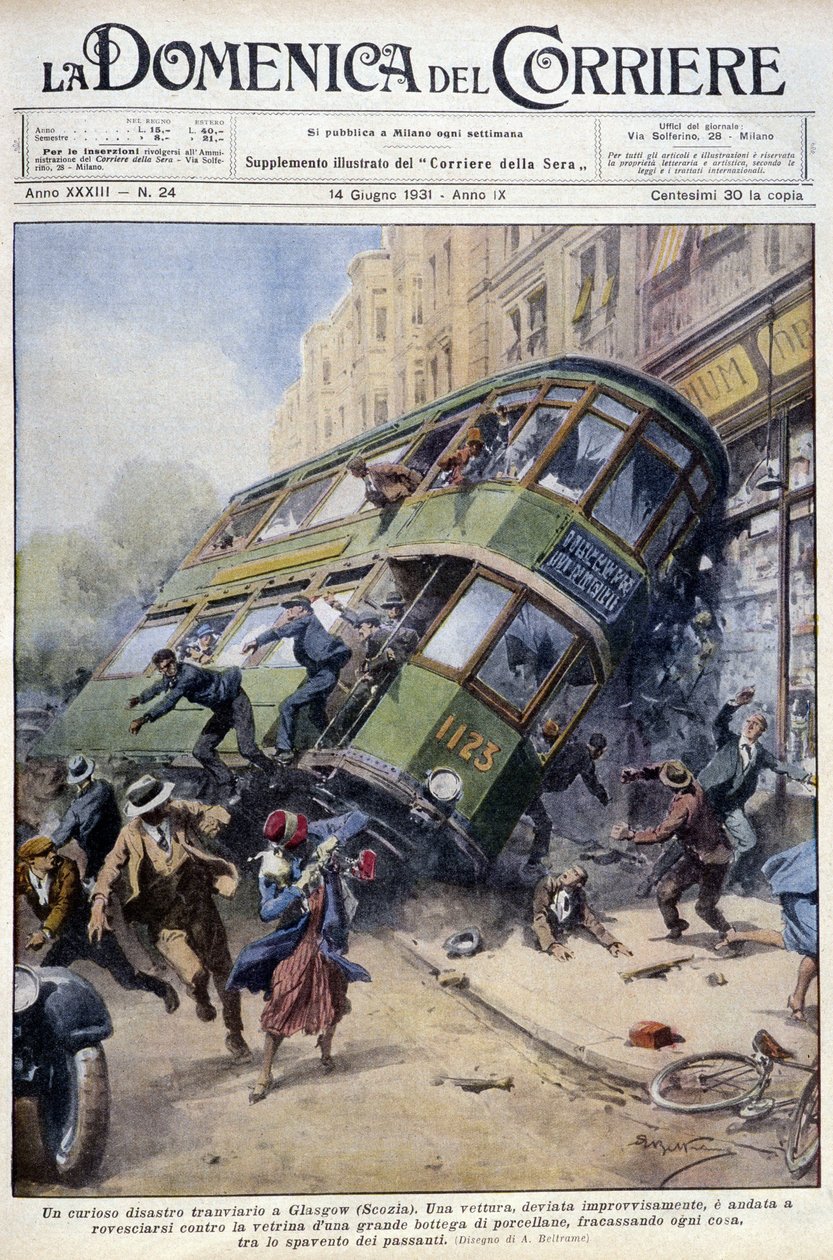 Wypadek tramwajowy w Glasgow, Szkocja: jeden z wagonów wylał się na porcelanową gablotę i na przechodniów - rysunek A. Beltrame, w „La Domenica del Corriere” z 1 lutego 1931 r. autorstwa Achille Beltrame