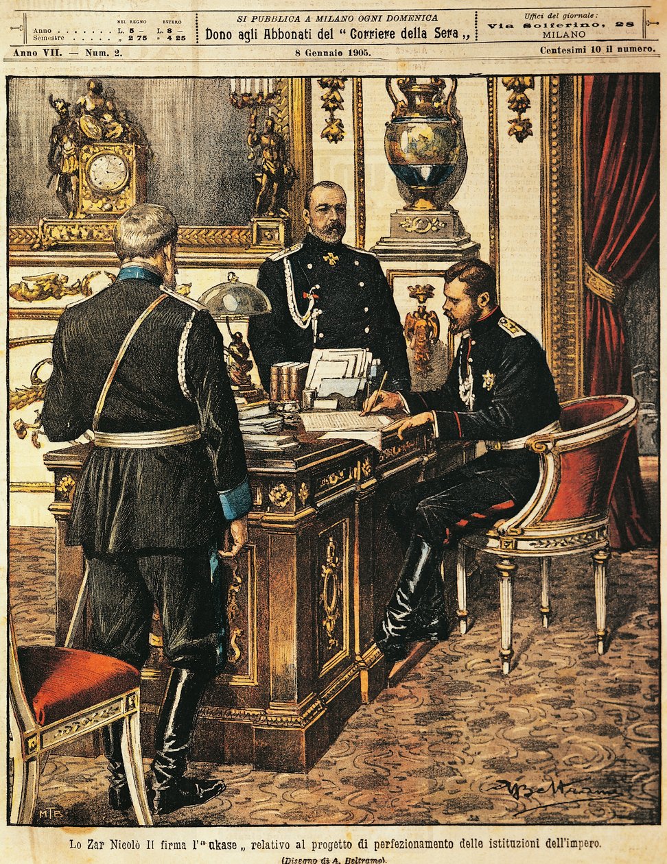 Car Mikołaj II podpisujący projekt reform instytucjonalnych, Achille Beltrame (1871-1945), z La Domenica del Corriere, 8 stycznia 1905 autorstwa Achille Beltrame