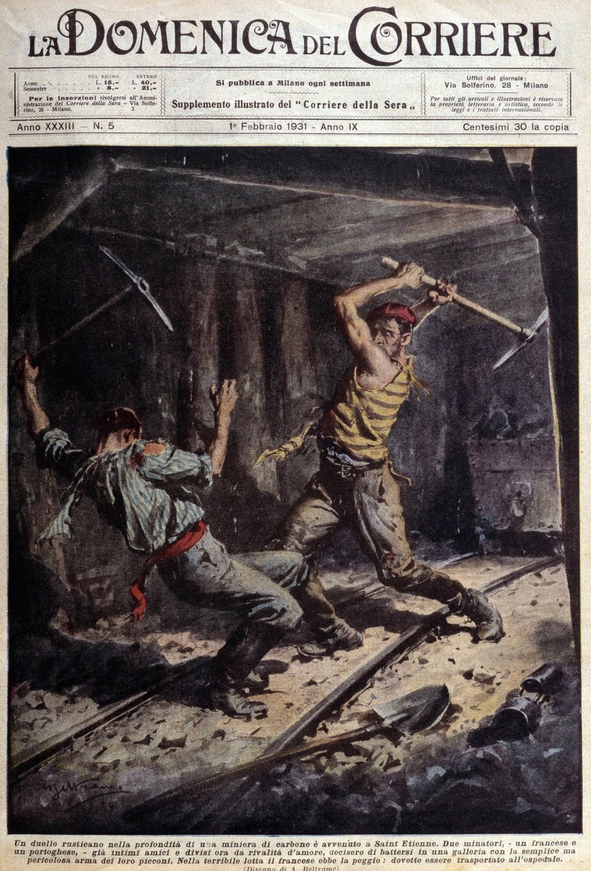Dwóch francuskich i portugalskich górników walczących toporami w galerii z powodu historii miłosnej - rysunek A. Beltrame, w „La Domenica del Corriere” z 1 lutego autorstwa Achille Beltrame
