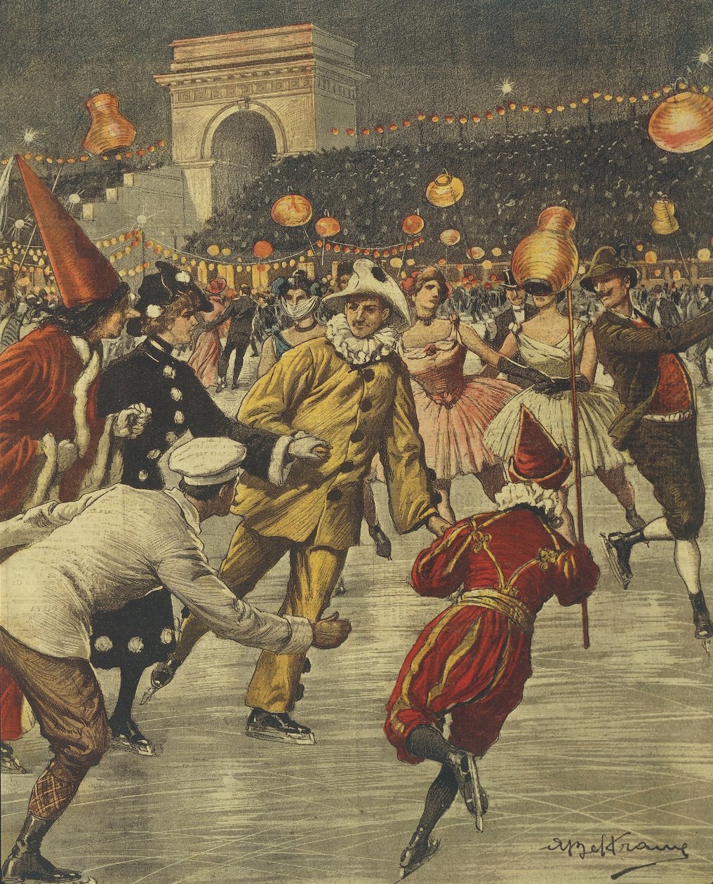 Typowa impreza kostiumowa na lodzie w Aren w Mediolanie, Achille Beltrame, ilustracja, Ilustrator Achille Beltrame (1871-1945), z La Domenica del Corriere autorstwa Achille Beltrame