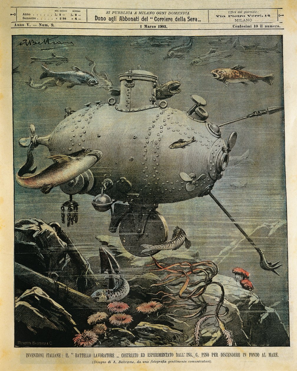Podwodny statek morski do badania dna morskiego, ilustracja Achille Beltrame (1871-1945), z La Domenica del Corriere, 1 marca autorstwa Achille Beltrame