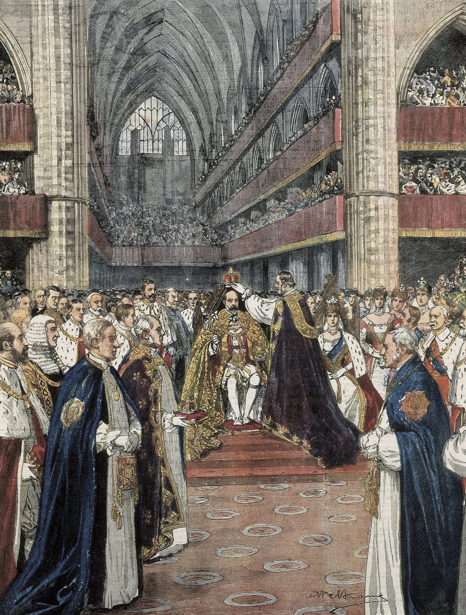 Wielka Brytania (1901). Koronacja Edwarda VII w Opactwie Westminsterskim. Ilustracja autorstwa Achille Beltrame opublikowana w Domenica del Corriere. Rytownictwo. autorstwa Achille Beltrame