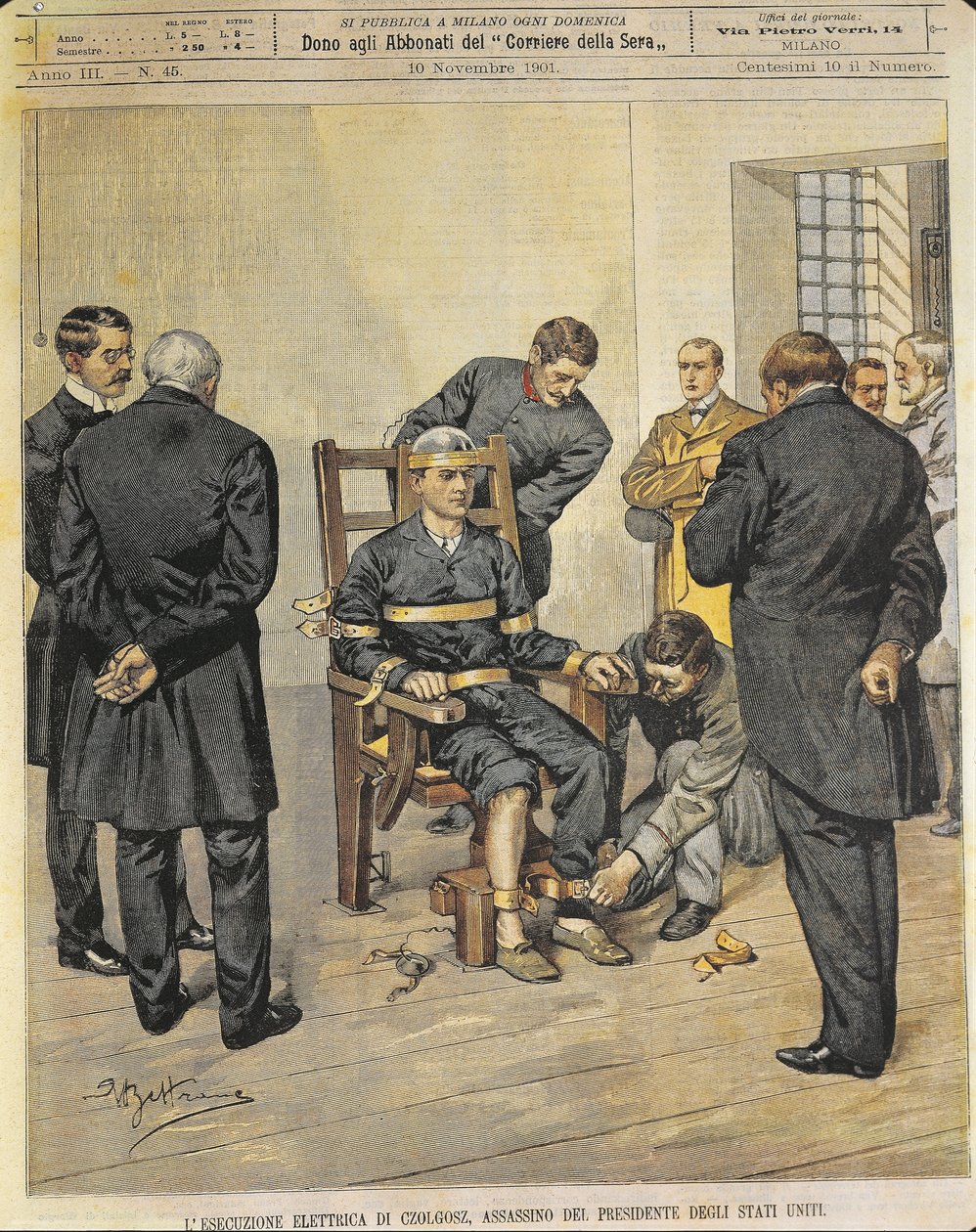Stany Zjednoczone Ameryki, XX wiek, Egzekucja na krześle elektrycznym Czołgosza, mordercy prezydenta Stanów Zjednoczonych McKinleya, 29 października 1901 (grafika z okładki magazynu) autorstwa Achille Beltrame
