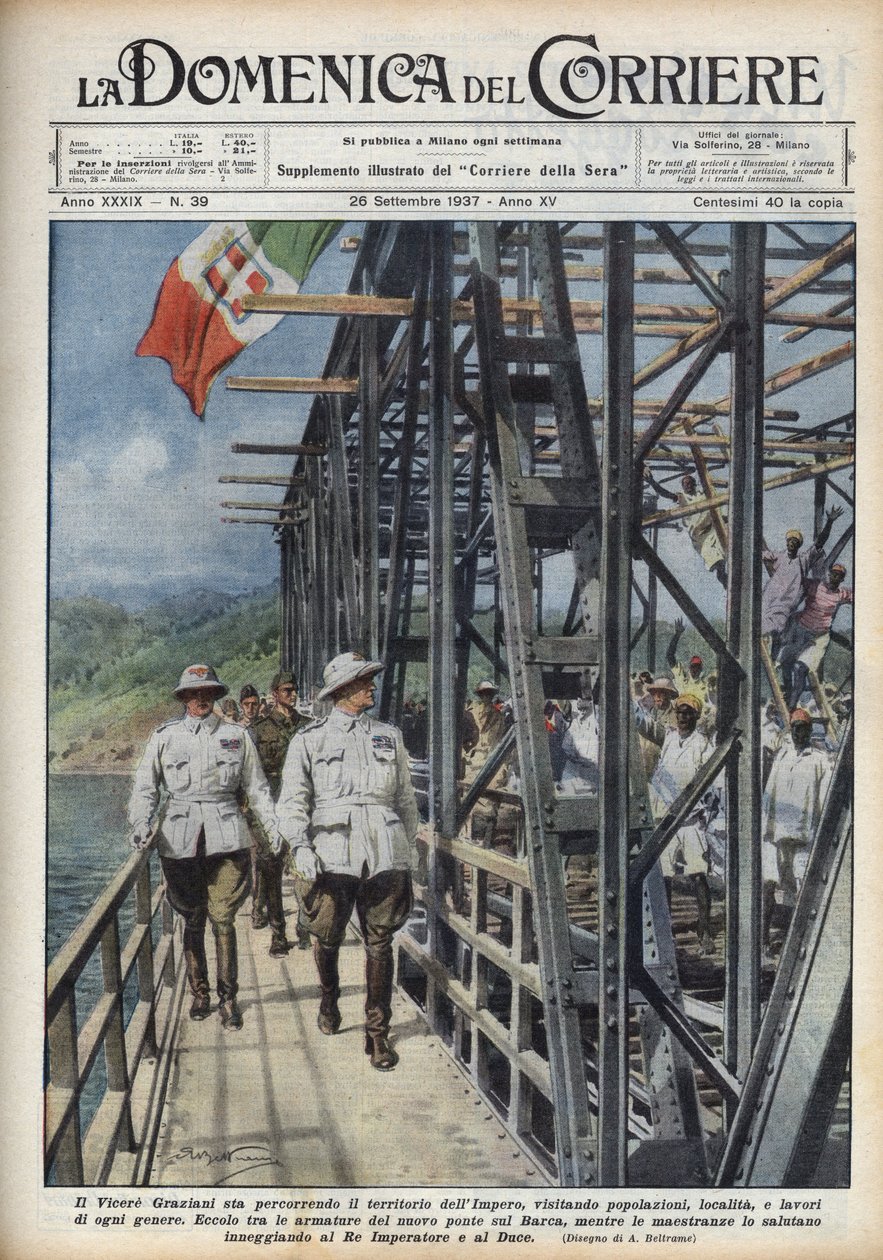 Wicekról Etiopii Rodolfo Graziani, przekraczając terytorium abisyńskie. Ilustracja Achille Beltrame z „La Domenica del Corriere” z 26.09.1937 r. autorstwa Achille Beltrame