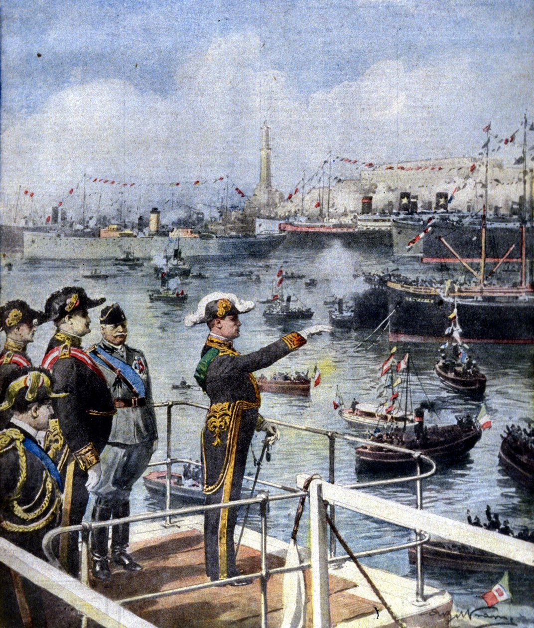 Wizyta Benito Mussoliniego w Genui. Duce pozdrawia miasto z mostu Esperia. Ilustr. de Beltrame. La Domenica del Corriere, 6/06/1926. autorstwa Achille Beltrame
