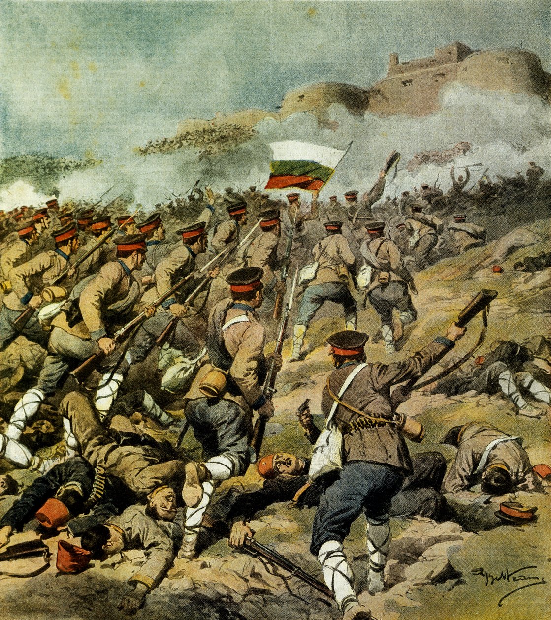 Wojna Pięciu Narodów, armia bułgarska zbliża się do Adrianopola i zdobywa Kirka Kilisse i imponujący łup wojskowy, autor: Achille Beltrame (1871-1945), ilustracja z La Domenica del Corriere, 3 listopada 1912 autorstwa Achille Beltrame