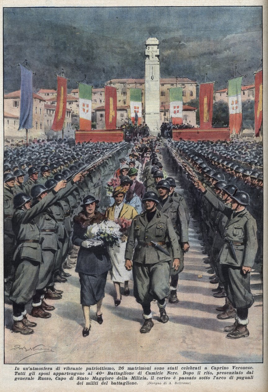 Ceremonia ślubna członków w czarnych koszulach w Veronese Caprino en Venetie Ilustracja Achilles Beltrame de „”La Domenica del corriere”” ”z 10.10.1937 r. autorstwa Achille Beltrame