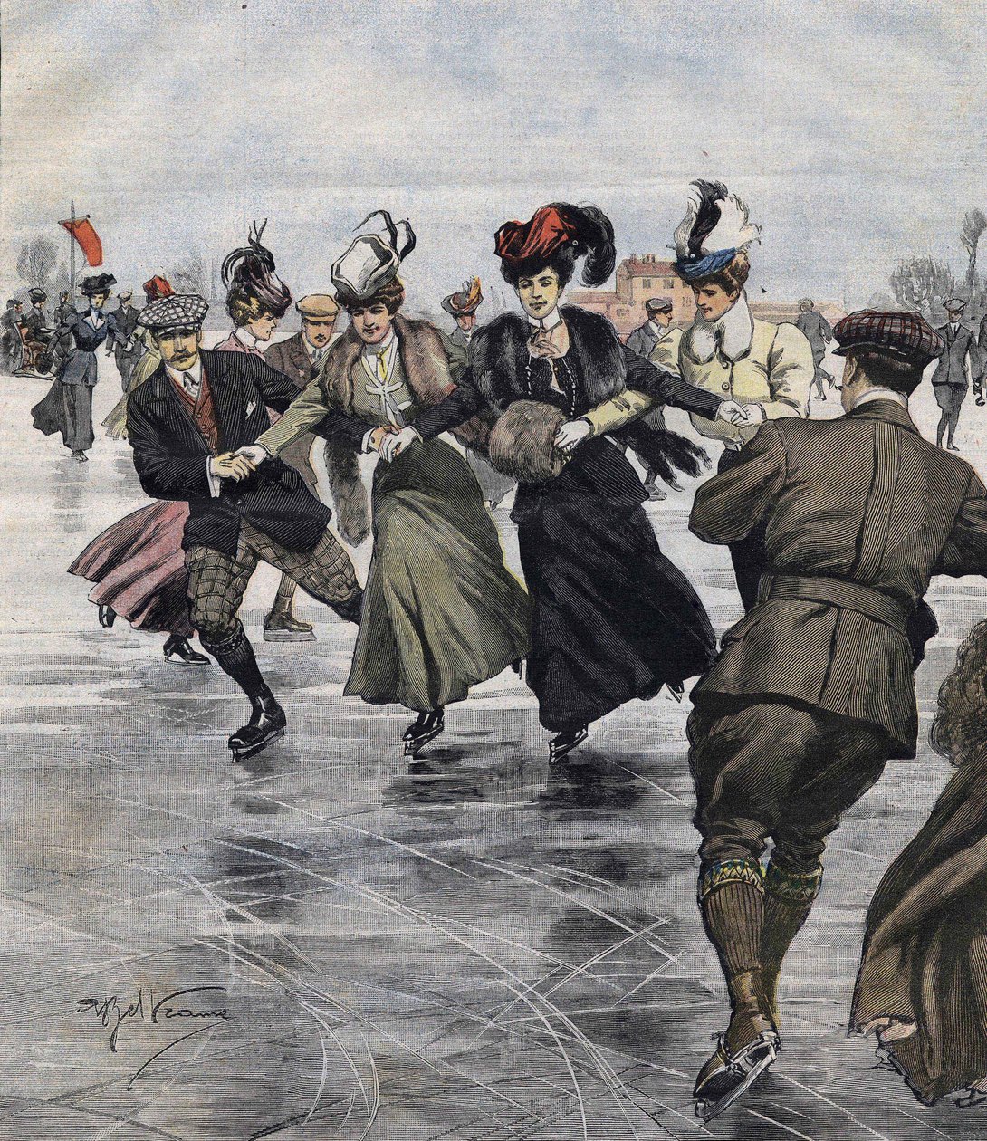 Zimowa zabawa. Łyżwiarze. ilustracja autorstwa Achille Beltrame w 1907 roku. autorstwa Achille Beltrame
