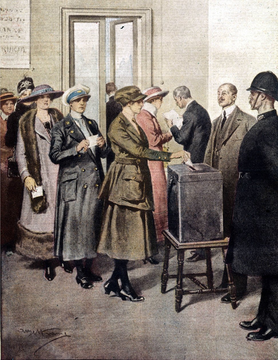 Kobiety po raz pierwszy głosowały w Anglii. 1919. Ilustracja A. Beltrame. La Domenica del Corriere. autorstwa Achille Beltrame
