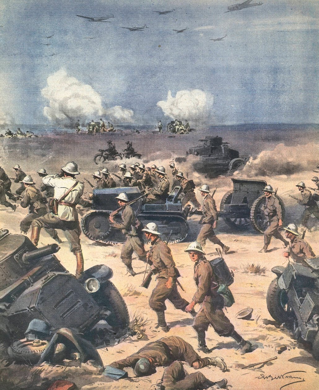 II wojna światowa. Libia (kampania północnoafrykańska). Wojska włoskie z Cyrenajki posuwają się do Egiptu. Ilustracja autorstwa Antonio Beltrame. „La Domenica del Corriere”. 22 września autorstwa Achille Beltrame