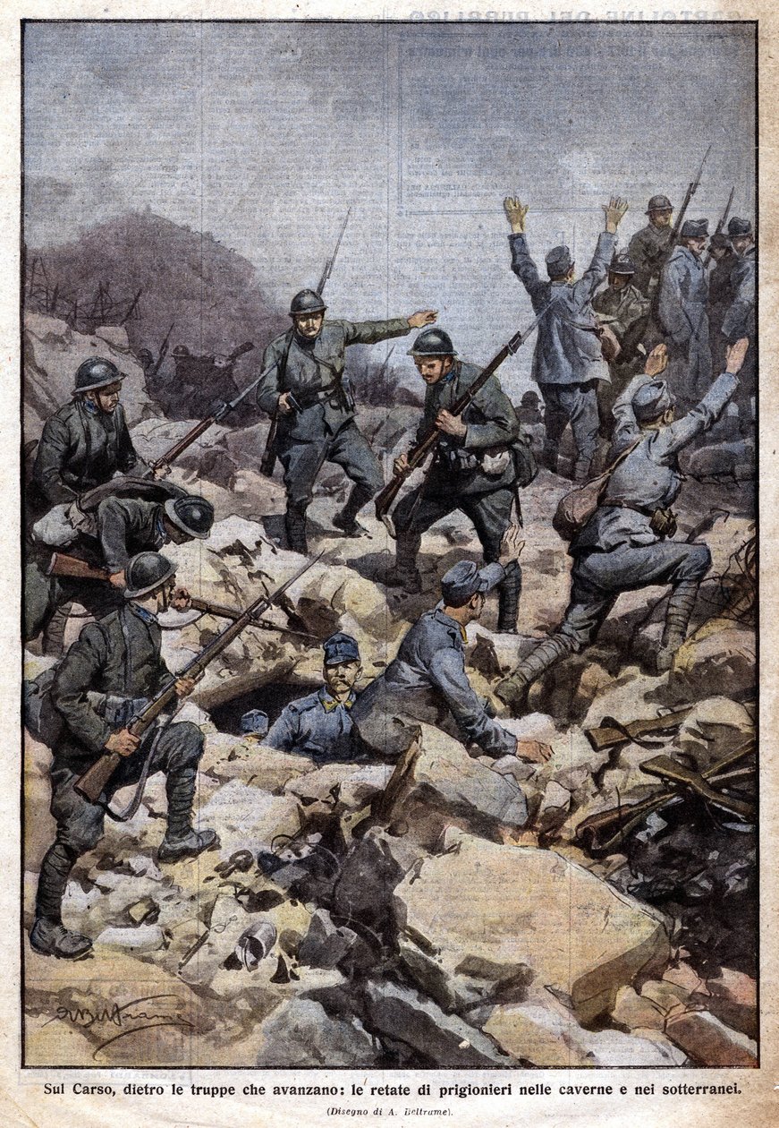 I wojna światowa: front włoski na płaskowyżu Carso (Trentino) i więźniowie w podziemiu. „Domenica del Corriere”. 07/1917 (litografia) autorstwa Achille Beltrame