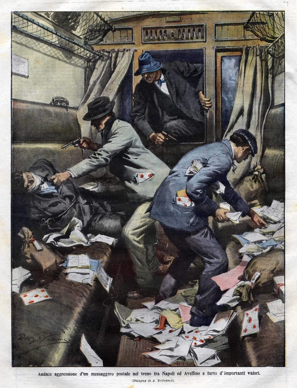 bandyci podczas szturmu w pociągu pocztowym między Neapolem a Avellino w 1910 roku. Ilustracja Achilles Beltrame dla Domenica del Corriere. autorstwa Achille Beltrame