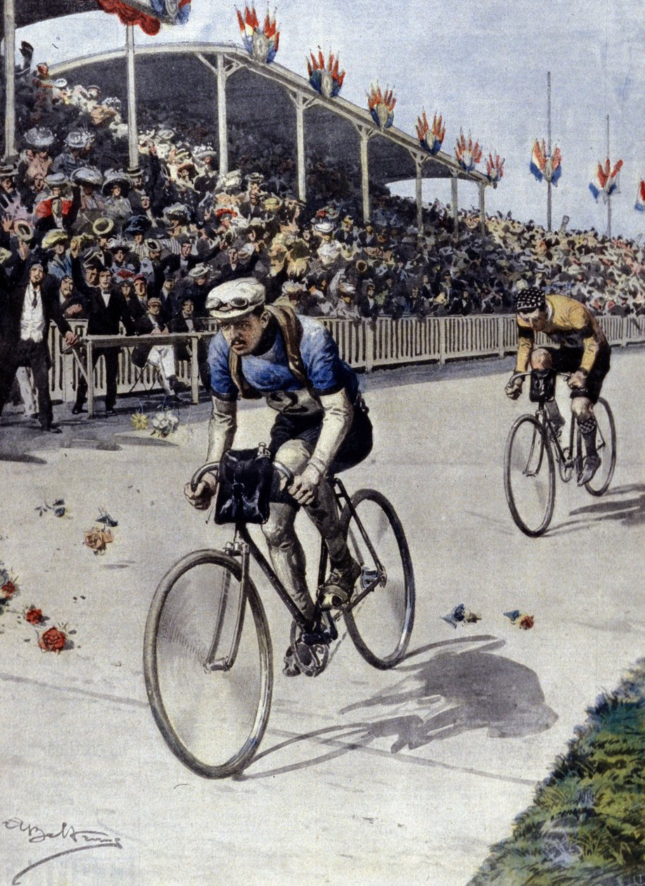 rowerzysta Peer Breton Zwycięzca Tour de France w 1908 roku. ilustracja Achille Beltrame. autorstwa Achille Beltrame